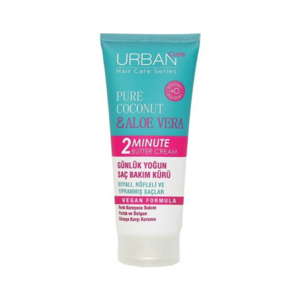 Introducing the Urban Care Pure Coconut and Aloe Vera 2 Minute Butter Cream 200 ml, a nourishing hair treatment designed to rejuvenate and strengthen your locks in just two minutes.
