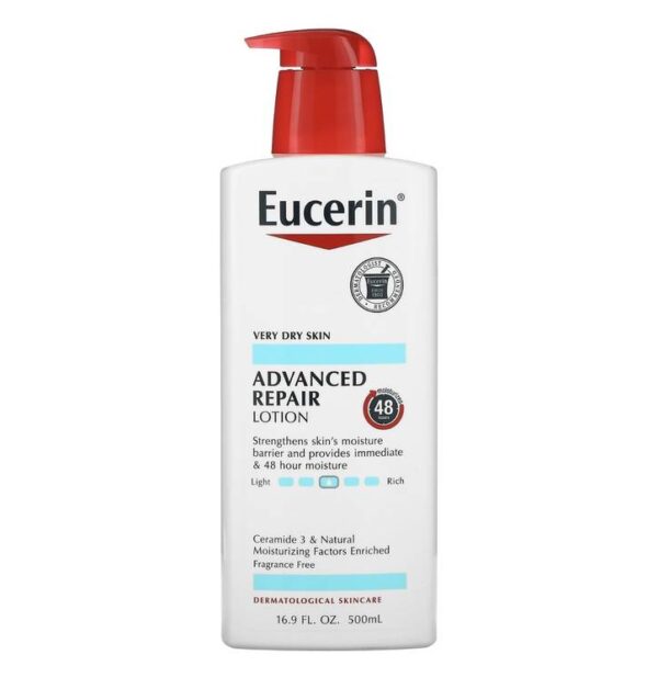 Introducing the Eucerin Advanced Repair Lotion 500 ml, a powerful solution for repairing and nourishing dry, rough skin.