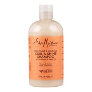 Introducing the Shea Moisture Hibiscus and Coconut Curl and Shine Shampoo 384ml, a delightful solution for cleansing and nourishing your curly hair.