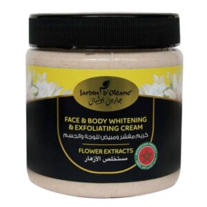 Introducing the Jardin Oleane Face and Body Whitening and Exfoliating Cream Flower Extract 500 ml. This cream is designed to exfoliate and brighten the skin, leaving it smooth and radiant.