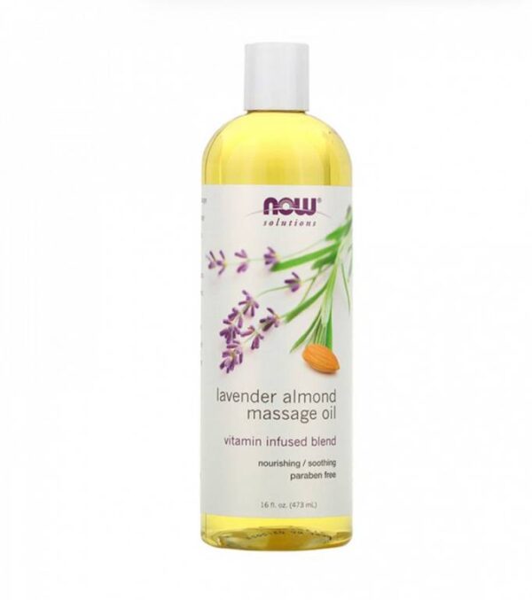Introducing NOW Solutions Lavender Almond Message Oil 437 ml, a soothing and nourishing blend for your skin and hair.