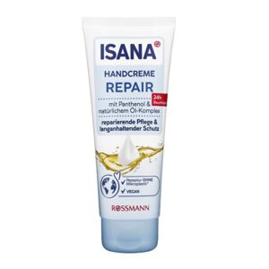 Introducing the Isana Hand Cream Repair Care 100 ml, a rich and pleasant hand cream designed to provide care for your hands.