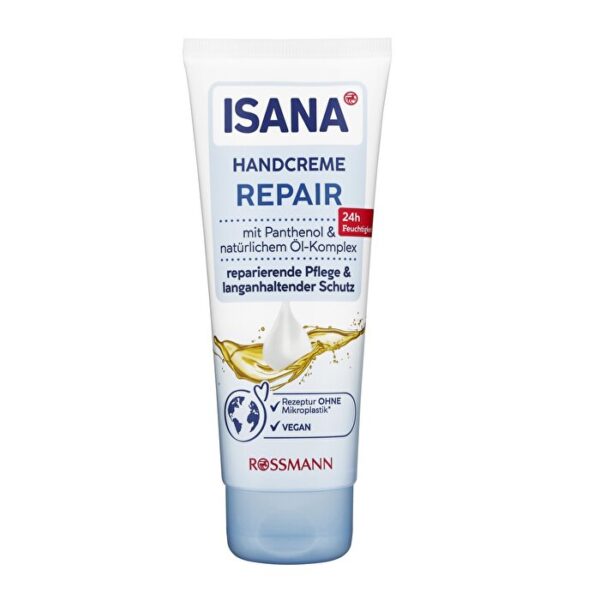 Introducing the Isana Hand Cream Repair Care 100 ml, a rich and pleasant hand cream designed to provide care for your hands.