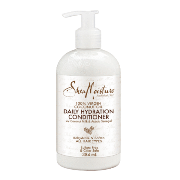 Introducing the Shea Moisture 100% Virgin Coconut Oil Daily Hydration Conditioner 384 ml, a nourishing solution for soft and hydrated hair.
