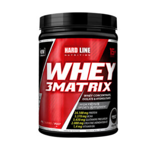 Introducing the Hardline Whey 3Matrix Chocolate 454 g, a high-quality protein supplement perfect for supporting your fitness goals.