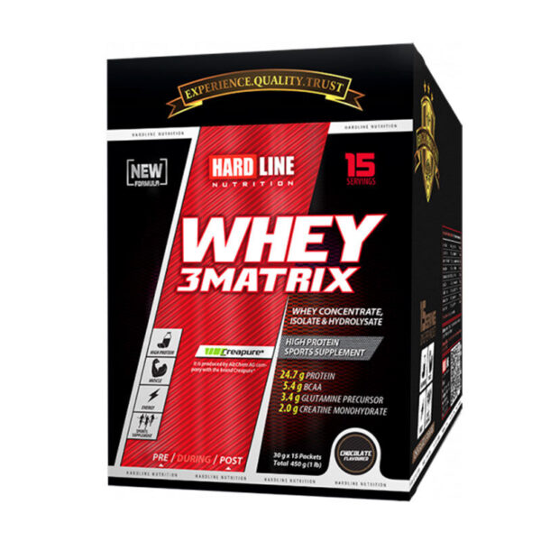 Introducing Hardline Whey 3Matrix Strawberry 30 g x 15 Pieces 450 g, a high-quality whey protein supplement designed to support your fitness and nutrition goals.