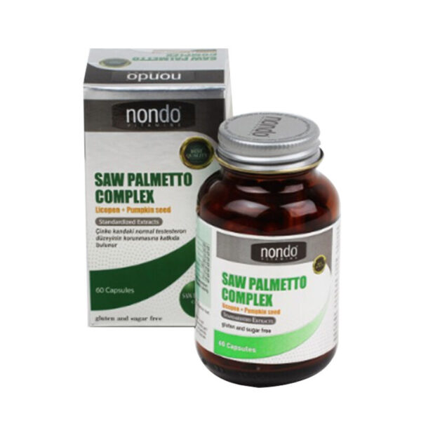 Nondo Vitamins Saw Palmetto Complex 60 Capsules is a dietary supplement containing an effective blend of vitamins and natural herbs like saw palmetto.