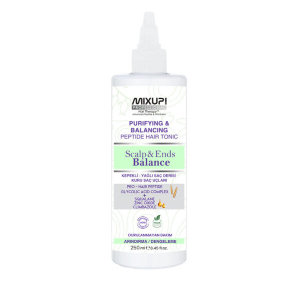 Introducing the Mixup Purifying and Balancing Peptide Hair Tonic Scalp and Ends Balance 250 ml, an essential product for balanced scalp and healthy ends.
